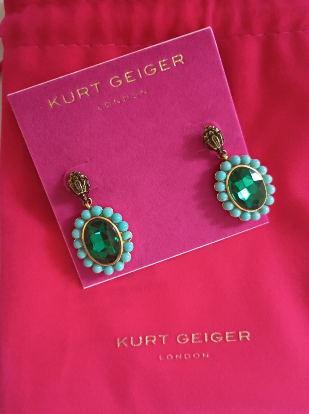 Kurt Geiger Emerald and Turquoise Halo Drop Earrings